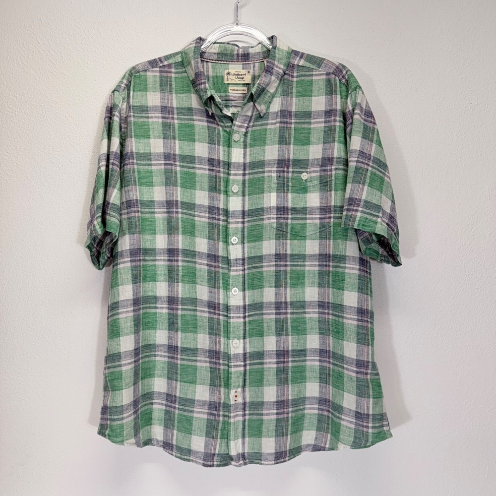 Weatherproof Vintage Mens Washable Linen Plaid Button Down Green Purple Shirt XL